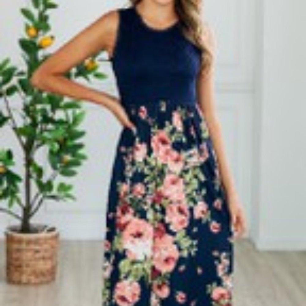 Navy Floral Printed Lace Maxi Dress